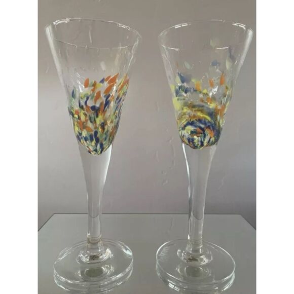 VNT  La Verrerie De Biot 9 1/4”Crystal Confetti, champagne fluids/ Set of 2 - Picture 5 of 5